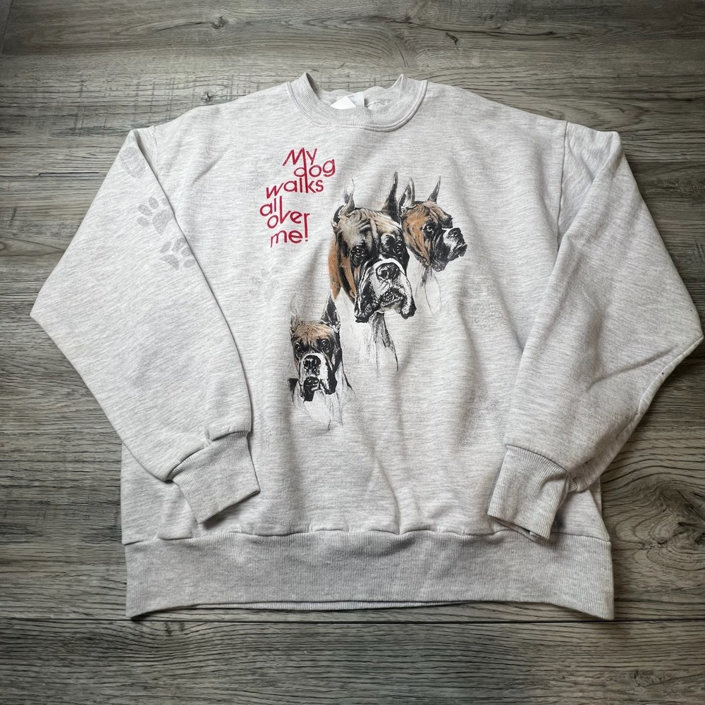 Jerzees Boxer Dog Sweatshirt Unisex Large Gray My Dog Walks All Over Me Vintage